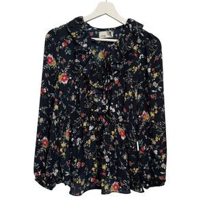 Everleigh Black Floral Ruffled V-neck Long Sleeve Blouse size XS
